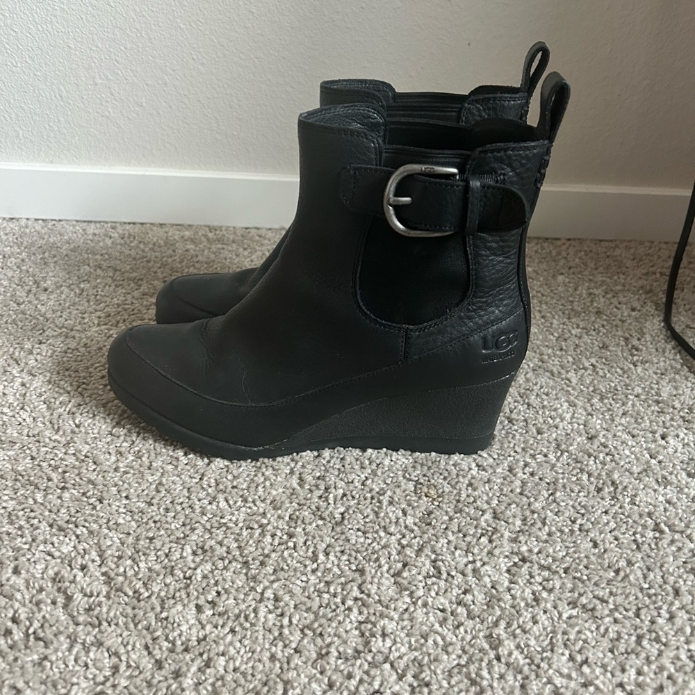 UGG Black Leather Wedge Boots